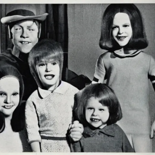 Prompt: creature family photo, toy commercial from the 60s