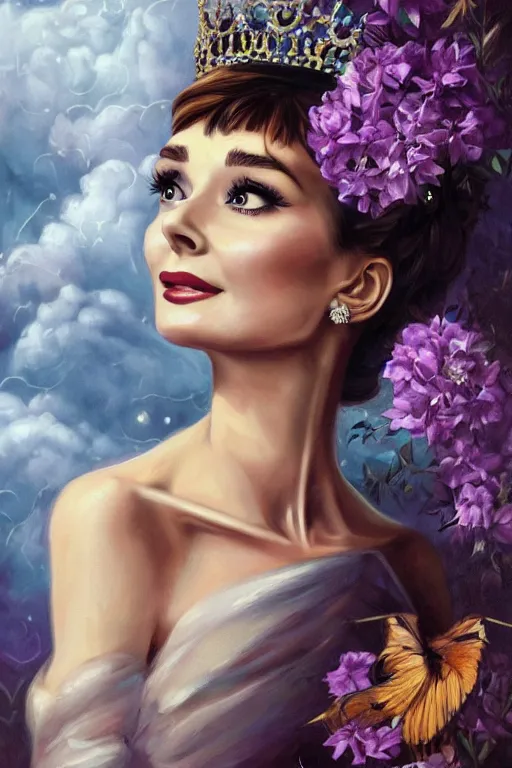 Image similar to closeup portrait fine art photo of the beauty audrey hepburn, she has a crown of stunning flowers and dress of purple satin and gemstones, symmetrical realistic eyes, background full of stormy clouds, by peter mohrbacher