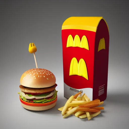 Prompt: classic flemish master still life of mcdonald's big mac happy meal, rendered in octane, unbiased light, brilliant details, art by aaron covrett, 8k, intricate detail, trending on artstation, cgsociety, mariusz becker hdri,