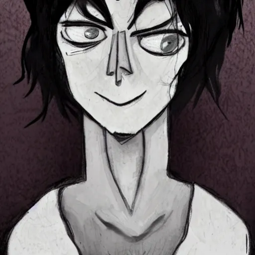 Image similar to young man portrait, black hair, skinny, sleep deprived, corpse bride art style