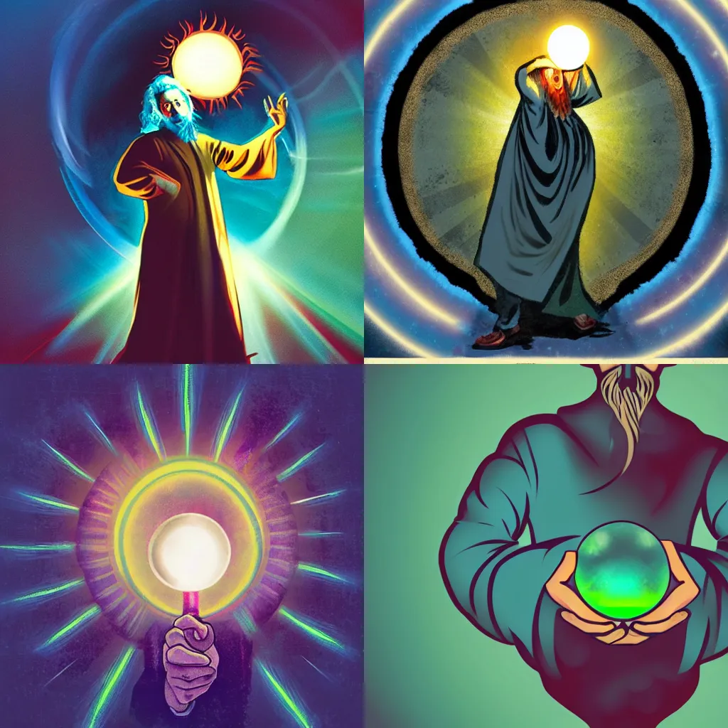 Prompt: A wizard holding a magic orb swirling with magic, dramatic lighting and colors, in the style of 1970s vintage art