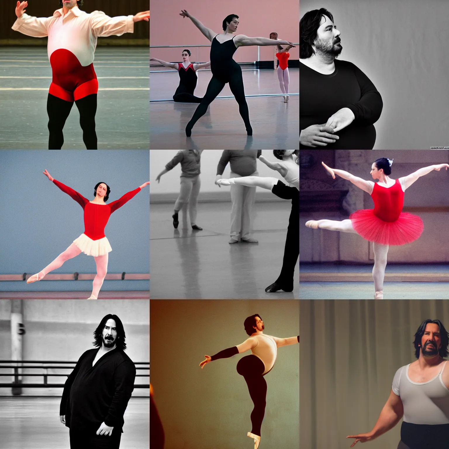 Prompt: fat obese keanu reeves in ballet dancer uniform, medium shot, trip to legnica, documentary still, bokeh, natural
