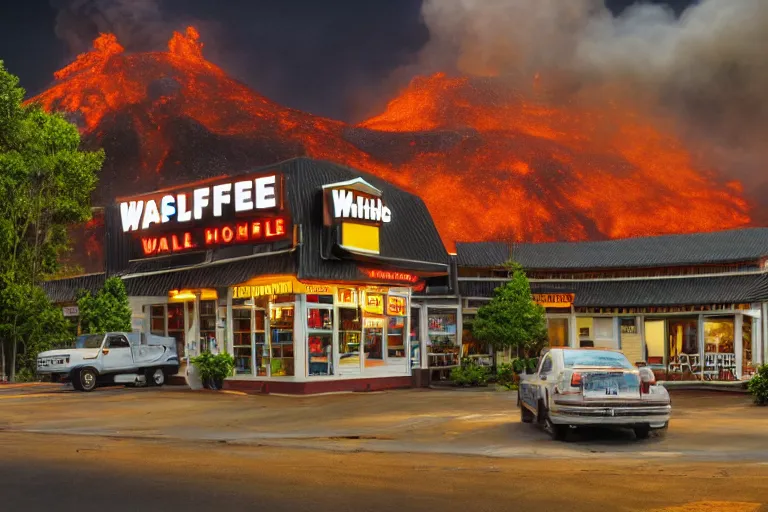 Image similar to waffle house located on an active volcano, highly detailed, hd, realism, photography