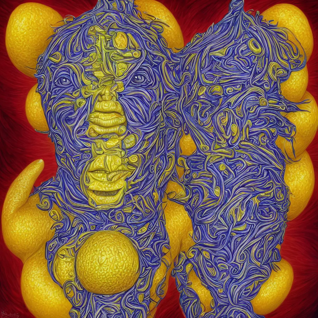 Image similar to Alex Grey painting of a lemon god, highly detailed, symmetrical, trending on artstation