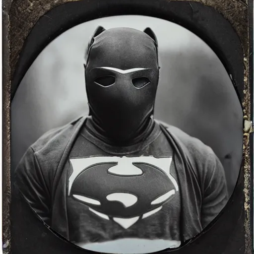 Prompt: tintype photographs of superheroes, masked wrestlers, technowizards