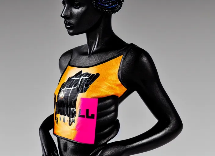 Image similar to black marble statue of a beautiful woman with colorful motocross logos in the style of virgil abloh, very very beautiful, detailed, off white, heron preston, 8 k, 4 k, detailed, beautiful, symmetrical, vogue, editorial, fashion, magazine, model