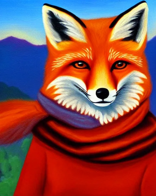 Image similar to oil painting portrait of anthropomorphic female fox animal dressed in sweater and scarf, fox animal, hollywood sign in background, oil painting,