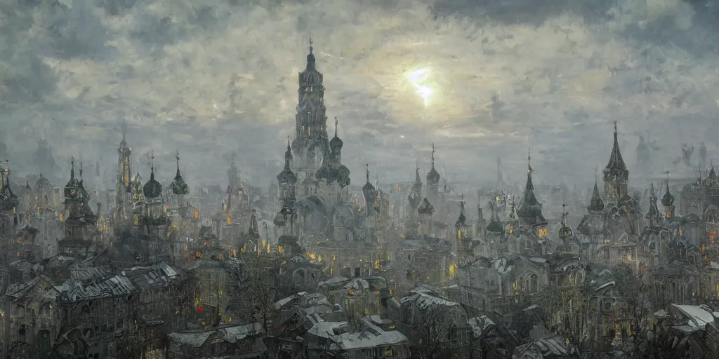 Image similar to magical ancient Slavic city of Kitezh in mist, magic lights, magic mist, strange buildings, oil painting, painting by Viktor Vasnetsov, concept art, fantasy cityscape, ancient Russian architecture, painting by Ivan Shishkin, hyperborea, high resolution, trending on artstation,