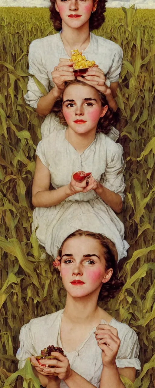 Image similar to photo photorealistic medium shot head and chest portrait photograph Emma Watson picnic in a corn field 1950s portrait by Norman Rockwell