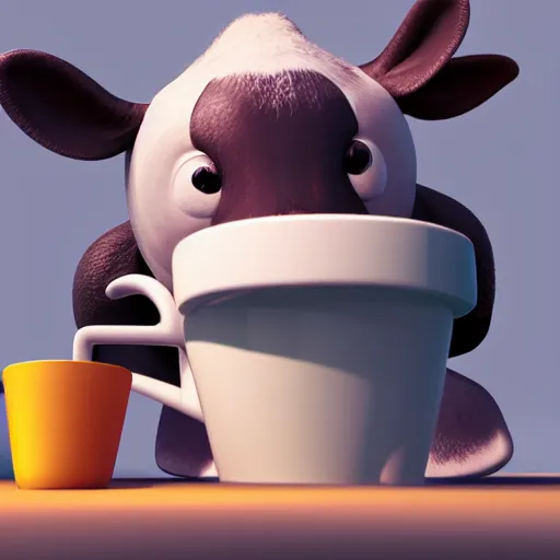 Prompt: cute cow drinking a cup of coffee, 3d render by Pixar, raytracing, black background