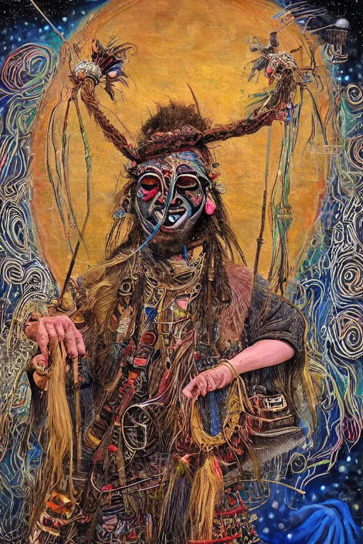 Image similar to a high hyper - detailed painting with complex textures, of an oriental shaman with tangled hair and a terrifying mask, wears a tunic vs. barefoot and has a cane, he is performing a ritual to access the world of imagination and dreams, cosmic horror spiritual visionsrio psychedelic weird bizarre art