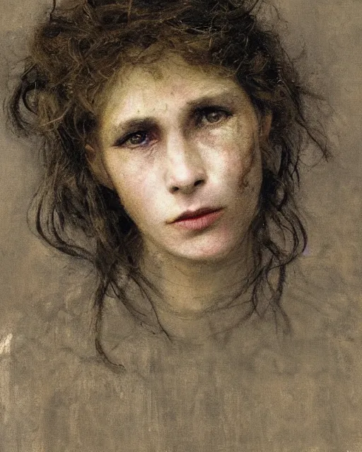 Image similar to a handsome but creepy woman in layers of fear, with haunted eyes and wild hair, 1 9 7 0 s, seventies, wallpaper, a little blood, moonlight showing injuries, delicate embellishments, painterly, offset printing technique, by jules bastien - lepage