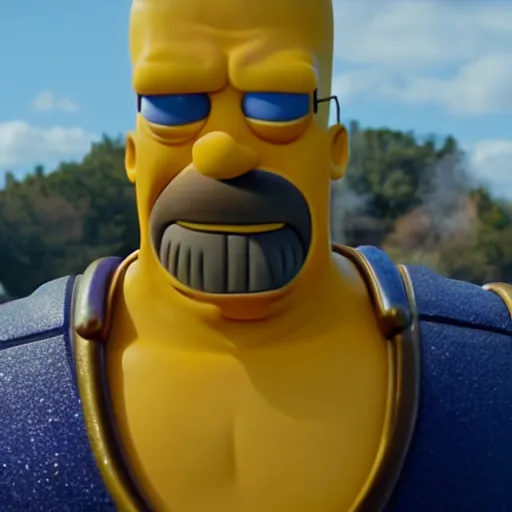 Image similar to CG Homer Simpson as Thanos, cinematic, anamorphic 4K