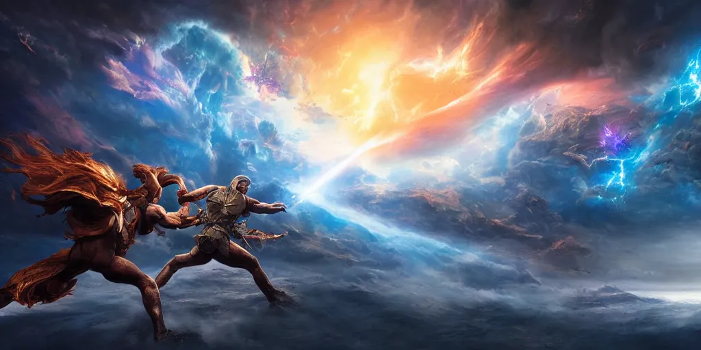 Prompt: beautiful cinematic artwork of an epic battle staring with a cosmic rift in the sky greg rutowski, masterpiece, 4k