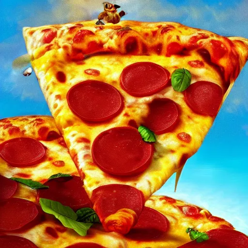 Image similar to A pepperoni pizza floating as a fribee thru the sky, high detail digital art, artstation