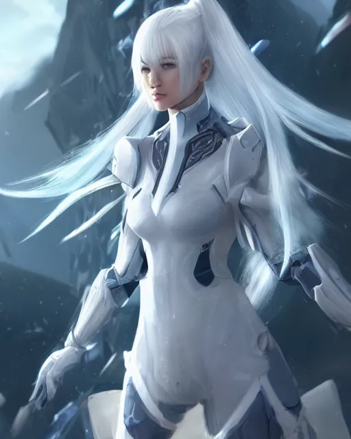 Image similar to perfect white haired girl, warframe armor, beautiful, dreamy, half asian, pretty face, blue eyes, detailed, windy weather, scifi, utopian architecture, laboratory, 4 k, ultra realistic, epic lighting, cinematic, high detail, masterpiece, art by akihito tsukushi, akasuki voidstar