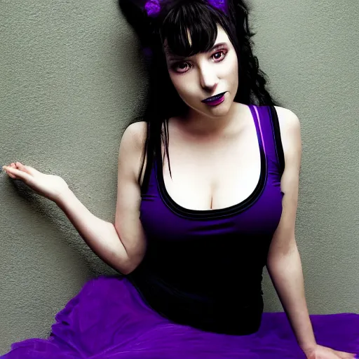 Image similar to Annie Leibovitz boudoir photo of a beautiful anime woman with long black hair, blue eyes, purple lipstick, wearing a black tank-top, a purple skirt and white socks with purple stripes