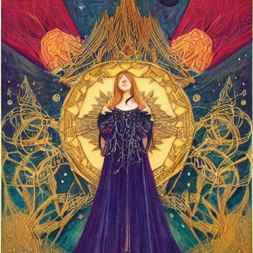 Image similar to the night crown, by Annie Swynnerton and Alayna Danner, embroidered robes, starry tattoos, elaborate costume, geometric ornament, symbolist, soft colors, dramatic lighting, smooth, sharp focus, extremely detailed