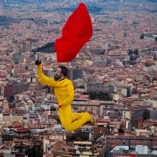 Image similar to santigo abascal flying over barcelona wearing a red and yellow cape