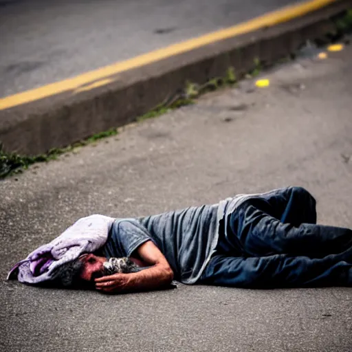 Prompt: detailed homeless man sleep near the busy road, sigma sports 1 5 0 - 6 0 0 mm f 5 - 6. 3 dg os hsm, sharp focus