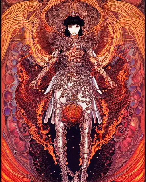 Prompt: hyper detailed illustration of the goddess of fire, intricate linework, lighting poster by moebius, ayami kojima, 90's anime, retro fantasy