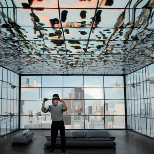 Image similar to a man taking a selfie in front of a large room with mirrors on two walls and concrete on the other two walls, a pond in the center of the room surrounded by upholstered sofas, a tilt shift photo by leandro erlich, featured on cg society, kitsch movement, hall of mirrors, high dynamic range, studio portrait