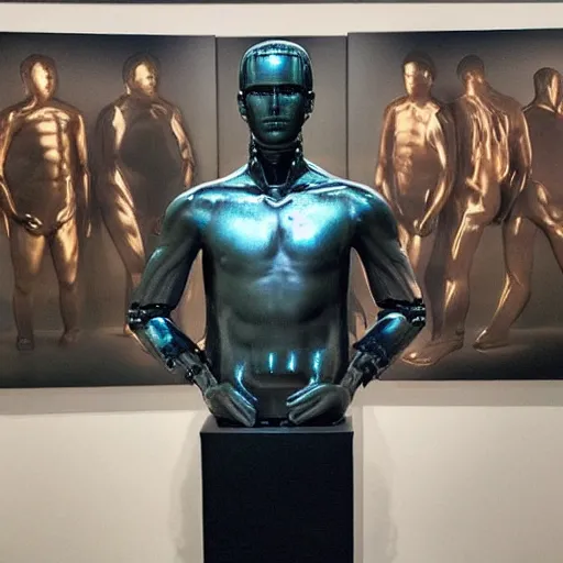 Prompt: “ a realistic detailed photo of a guy who is an attractive humanoid who is half robot and half humanoid, who is a male android, actor liam hemsworth, shiny skin, posing like a statue, blank stare, at the museum, on display ”