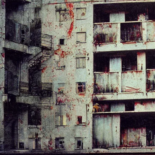 Image similar to 3 5 mm color photography, glitch, joel - peter witkin, beksinski, and stephen gammell, video still of apartment block