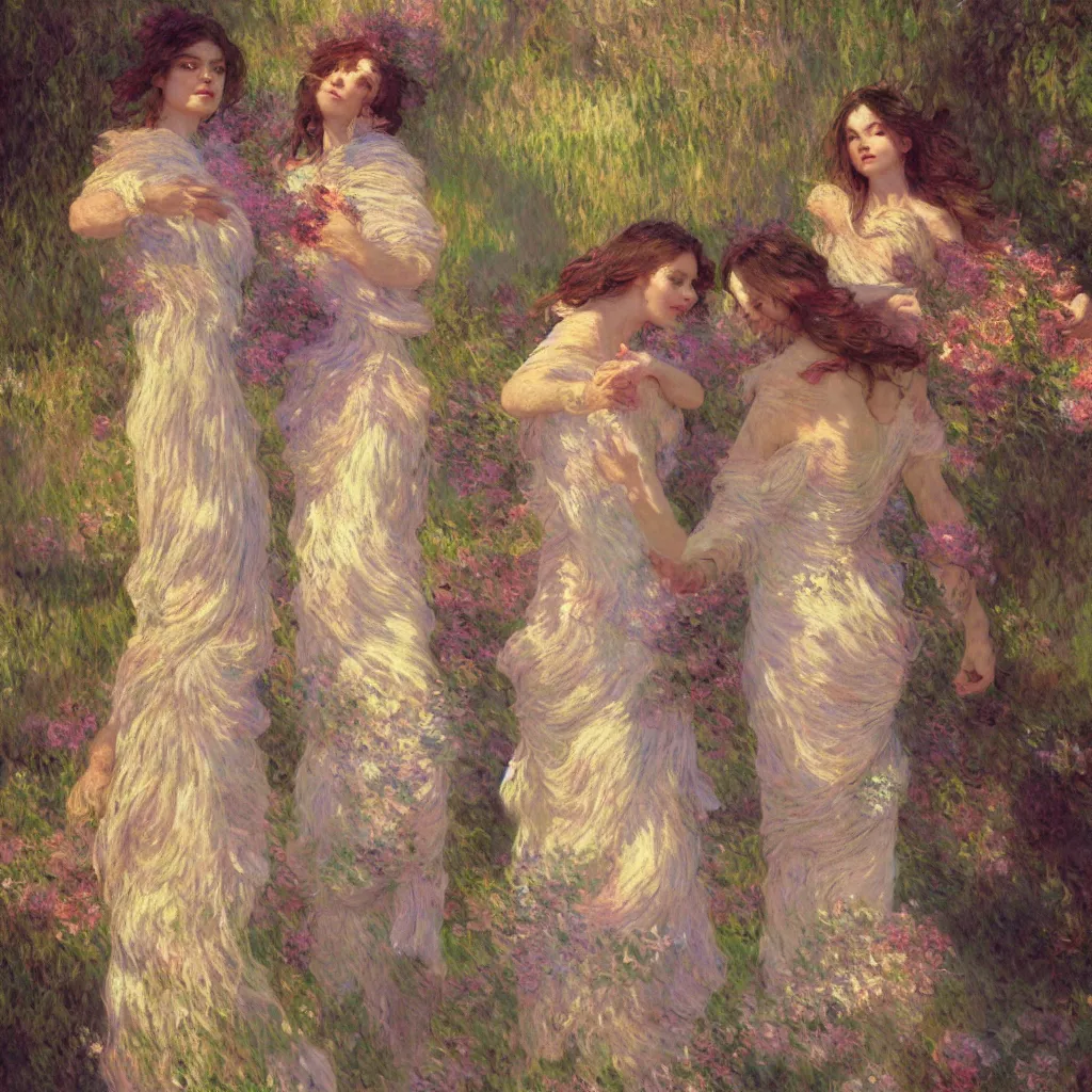 Image similar to illustration studio portrait of three beautiful seraphim female energy in artistic poses in nature, monet painterly motives and textures pattern, hyper detailed, octane render, vivid colors, artstation, by jeremy mann, by alphonse mucha, by monet