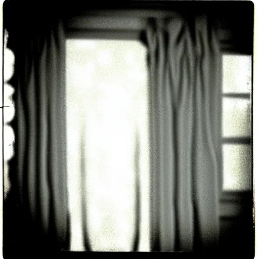 Prompt: a detailed photograph of a house with curtains in the windows, a replicant is peeking through the curtains, polaroid