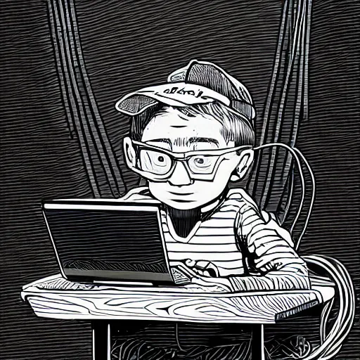 Prompt: illustration of a boy connected to his laptop with wires, highly detailed, by butcher billy, mcbess, rutkowski, james jean, n 9