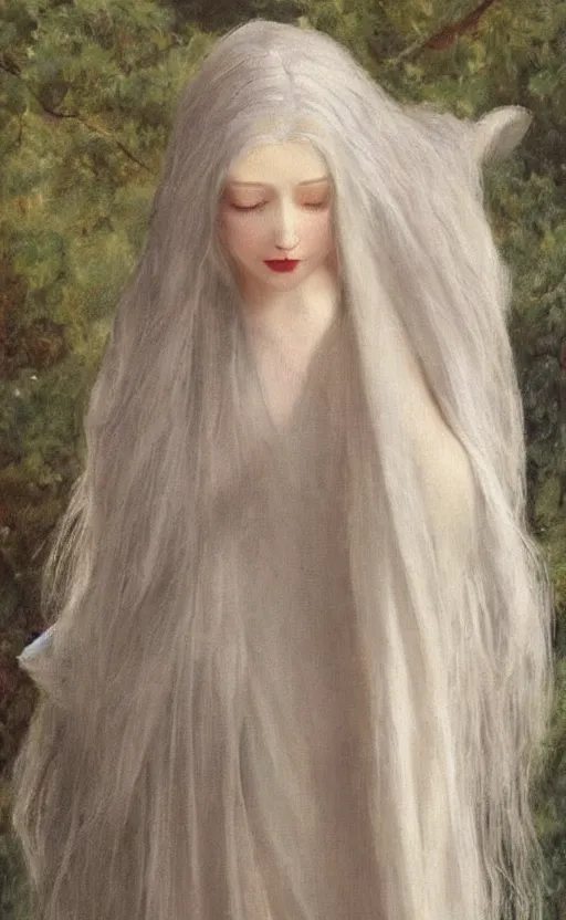 Prompt: who is this angel with silver hair so pale and wan! and thin!?, petite feminine goddess, wearing long silver robes, flowing hair, pale fair skin!!, young cute face, covered!! hair, clothed!! lucien levy - dhurmer, jean deville, oil on canvas, 1 8 9 6, 4 k resolution, aesthetic!, mystery