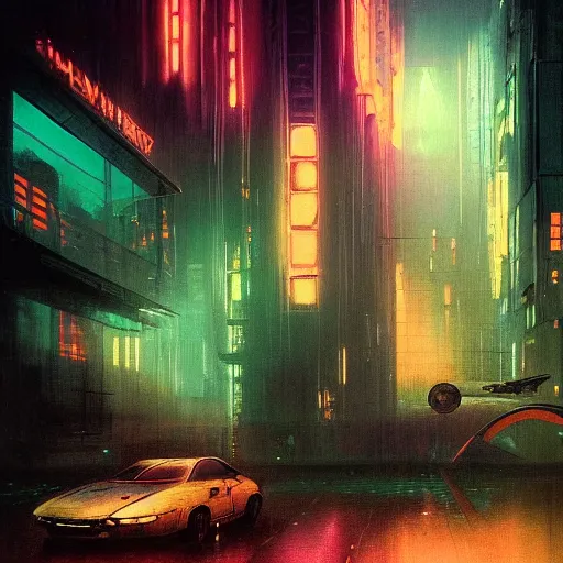 Prompt: cyberpunk cityscape, neon lights and heavy fog, flying cars, dark atmosphere, beksinski, jeremy mann, 1 9 7 0 s star wars style, detailed