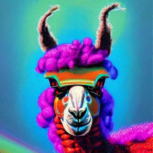 Prompt: llama with dreadlocks, vibrant colors, cybernetic glowing, by Paul Lehr, details, iridescent colors, macro
