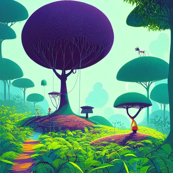 Prompt: ( ( ( gediminas pranckevicius ) ) ), under bo tree in a jungle garden summer morning, very coherent and colorful high contrast art by james gilleard floralpunk screen printing woodblock, dark shadows, pastel color, hard lighting