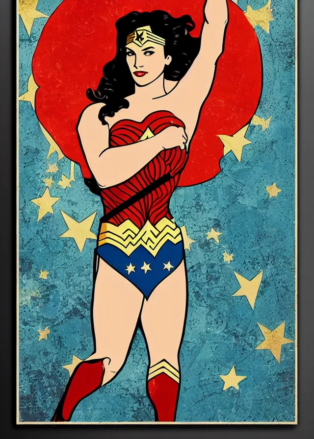 Prompt: wonder woman movie poster print, pin up, collage, canvas art print, minimalist art, art deco, art nouveau, mucha, fibonacci