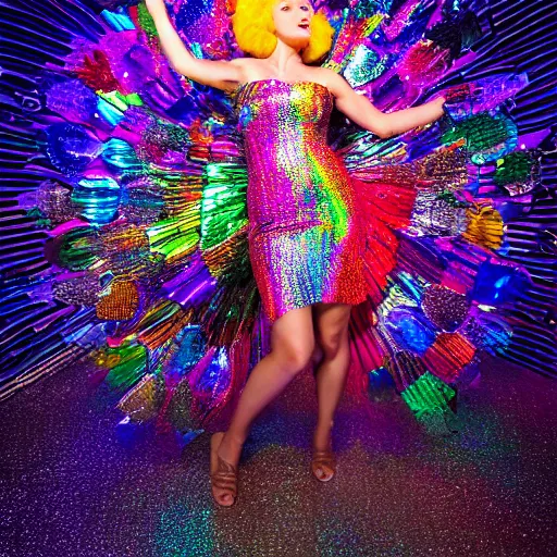 Prompt: jollyfish magazine cover photo, a woman wearing a dress made out of colorful dripping latex and a fancy intricate shiny reflective headdress made out of mirrors, standing in front of a detailed metallic backdrop made out of aluminum foil, shallow depth of field, super - detailed, volumetric lighting, light beams, sharp, no artifacts