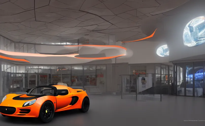 Image similar to futuristic lotus exige ( ( orange ) ) parked within interior view of futuristic auto showroom ( ( frank lloyd wright ) ) luminescent concept art, unreal engine 5, artstation highly detailed, digital art, 8 k hdr, soft lighting, hyperrealistic, godrays