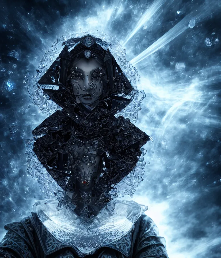 Image similar to impressive ominous front!! shot photo of a court jester character fine portrait fine portrait mesmerizing fractal hyper cubes platinum cracked dark future hyper dimensional space galactic crystal nebula edges elegant detailed intricate concept artstation sharp focus ray tracing cinematic masterpiece temporal corruption beeple wlop germ 8 4 k scifi glossy hyper realistic illustration canon eos r 3 fujifilm x - t 3 0 sony alpha a 6 6 0 0