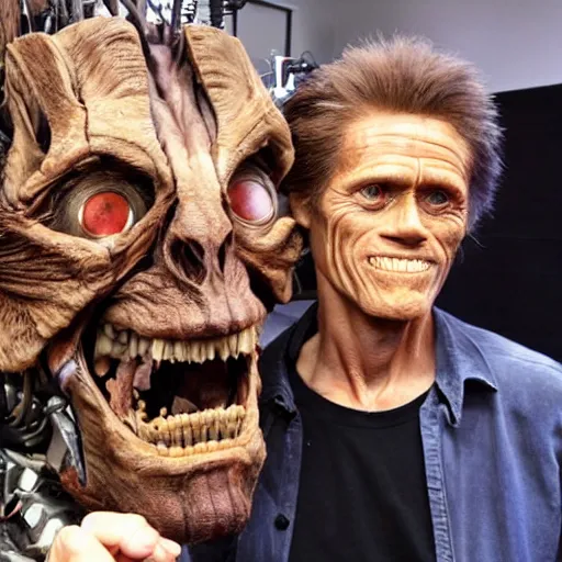 Image similar to animatronic Willem Dafoe by Stan Winston studios, behind the scenes photo, detailed, 4k