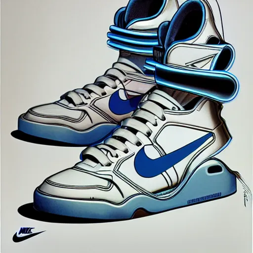 Image similar to retro futuristic Nike Air Mag sneakers by syd mead