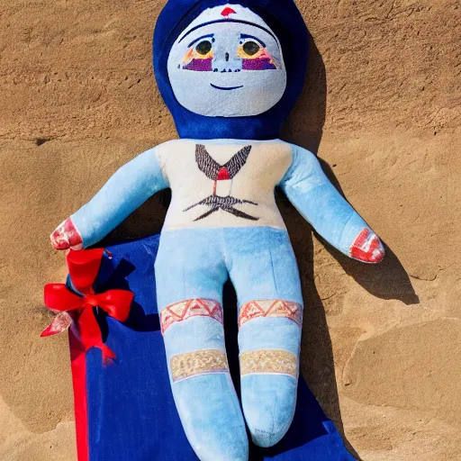 Image similar to blue'snappy gifts'human - sized plush doll, at the pyramids in egypt, holding gift, happy atmosphere, high detail, soft lighting, 8 k