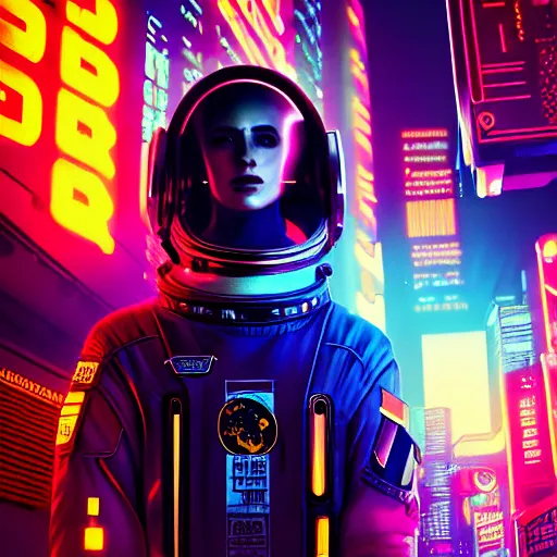 Image similar to professional photo of astronaut on cyberpunk street, synthwave, blade runner, hyperrealistic masterpiece, trending on artstation, cgsociety, kodakchrome, golden ratio, cinematic, composition, beautiful lighting, hyper detailed, sharp focus, octane render, 4 k, unreal engine