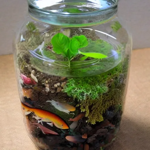 Prompt: an ecosystem in a glass jar