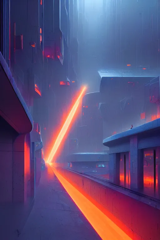 Image similar to emissary futuristic citys with orange lasers lighting the street, windows lit with blue hue, stone marble sculptures, by tim blandin and arthur haas and bruce pennington and john schoenherr, cinematic matte painting, zaha hadid building, photo realism, dark moody color palate, blue hour stars, desolate alaskan landscape,