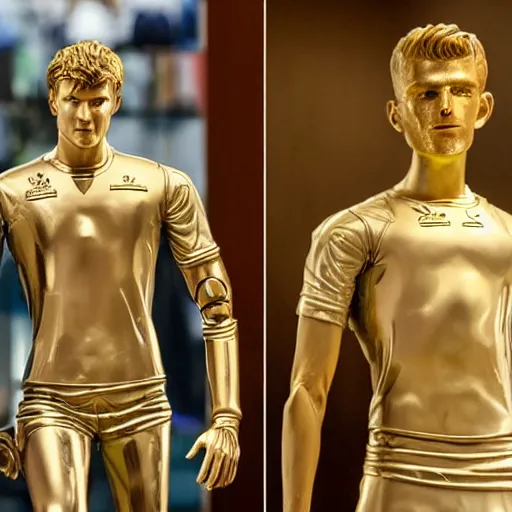 Image similar to a realistic detailed photo of a guy who is an attractive humanoid who is half robot and half humanoid, who is a male android, soccer players martin ødegaard & timo werner, shiny skin, posing like a statue, blank stare, in a museum, on display, showing off his muscles, gold soccer shorts, no jersey, collection of them, statue