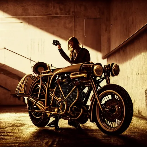 Image similar to retro futuristic vintage motorcycle, atmospheric lighting, painted, intricate, volumetric lighting, beautiful, daytime, sunny weather, slight overcast, sharp focus, deep colours, ultra detailed, by leesha hannigan, ross tran, thierry doizon, kai carpenter, ignacio fernandez rios