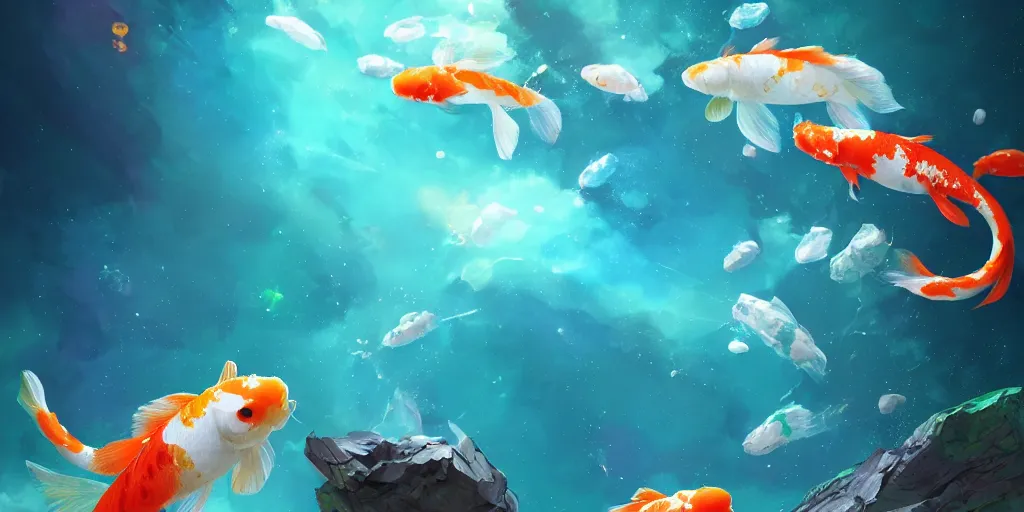 Prompt: koi fish floating in space, turquoise and emerald background, realistic detailed digital art by maxwell boas, jessica rossier, christian dimitrov, anton fadeev, trending on artstation, cgsociety, rendered in unreal engine, shadow of the tomb rider, soft colors, 4 k, hq