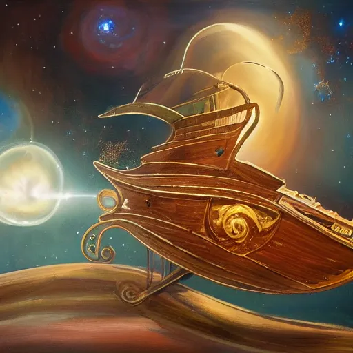 Prompt: painting of ornate space ship, wood, iron, gold, nebulae background, nautilus, shell, space jammers, fins, sails, dust clouds, dark shadows, soft lighting, art deco, d & d, dust, sun, 4 0 k warhammer, snail, shrimp, prawn, fine brush strokes