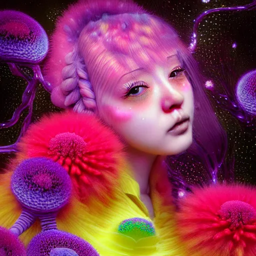 Image similar to hyper detailed 3d render like a Oil painting - kawaii Aurora (Singer) seen Eating of the Strangling network of colorful yellowcake and aerochrome and milky Fruit and Her delicate Hands hold of gossamer polyp blossoms bring iridescent fungal flowers whose spores black the foolish stars by Jacek Yerka, Mariusz Lewandowski, Houdini algorithmic generative render, Abstract brush strokes, Masterpiece, Edward Hopper and James Gilleard, Zdzislaw Beksinski, Mark Ryden, Wolfgang Lettl, hints of Yayoi Kasuma, octane render, 8k